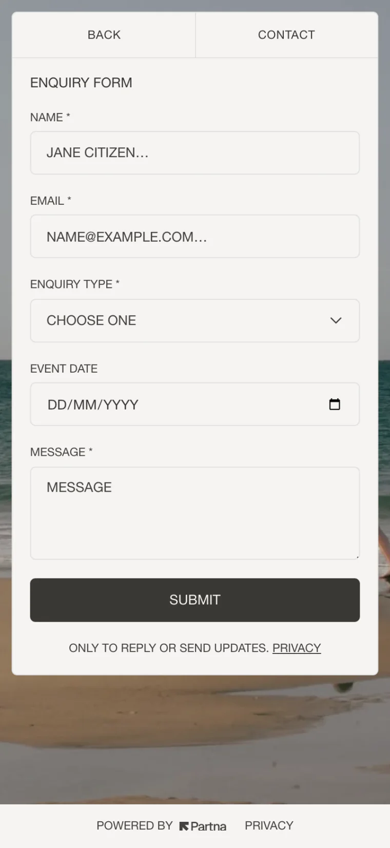 A Milkcrate site's Contact page: an enquiry form card over a blurred beach photo