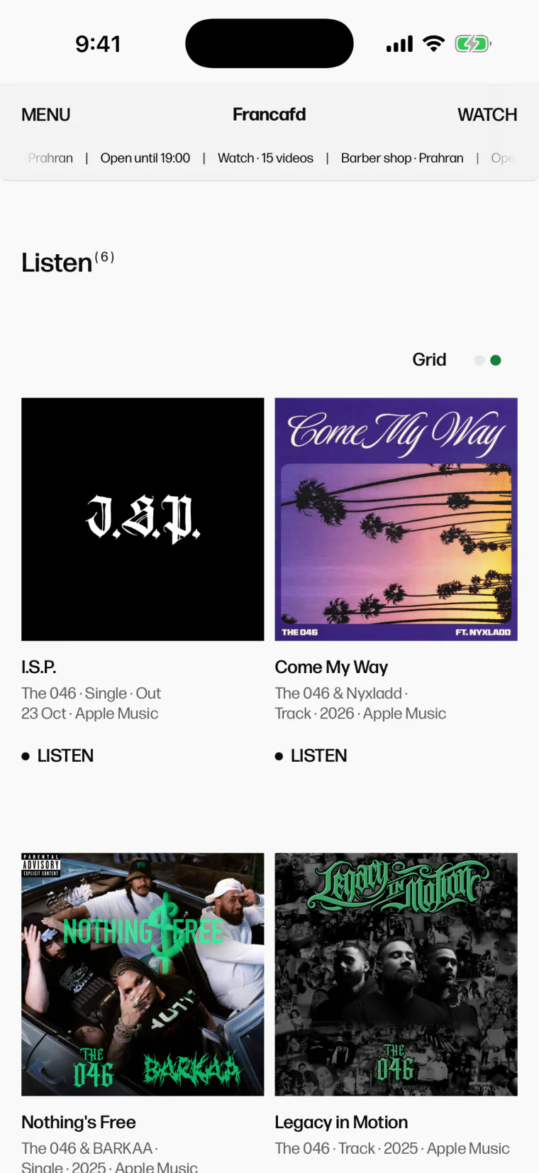 A Milkcrate site's Listen page: the latest release in a player