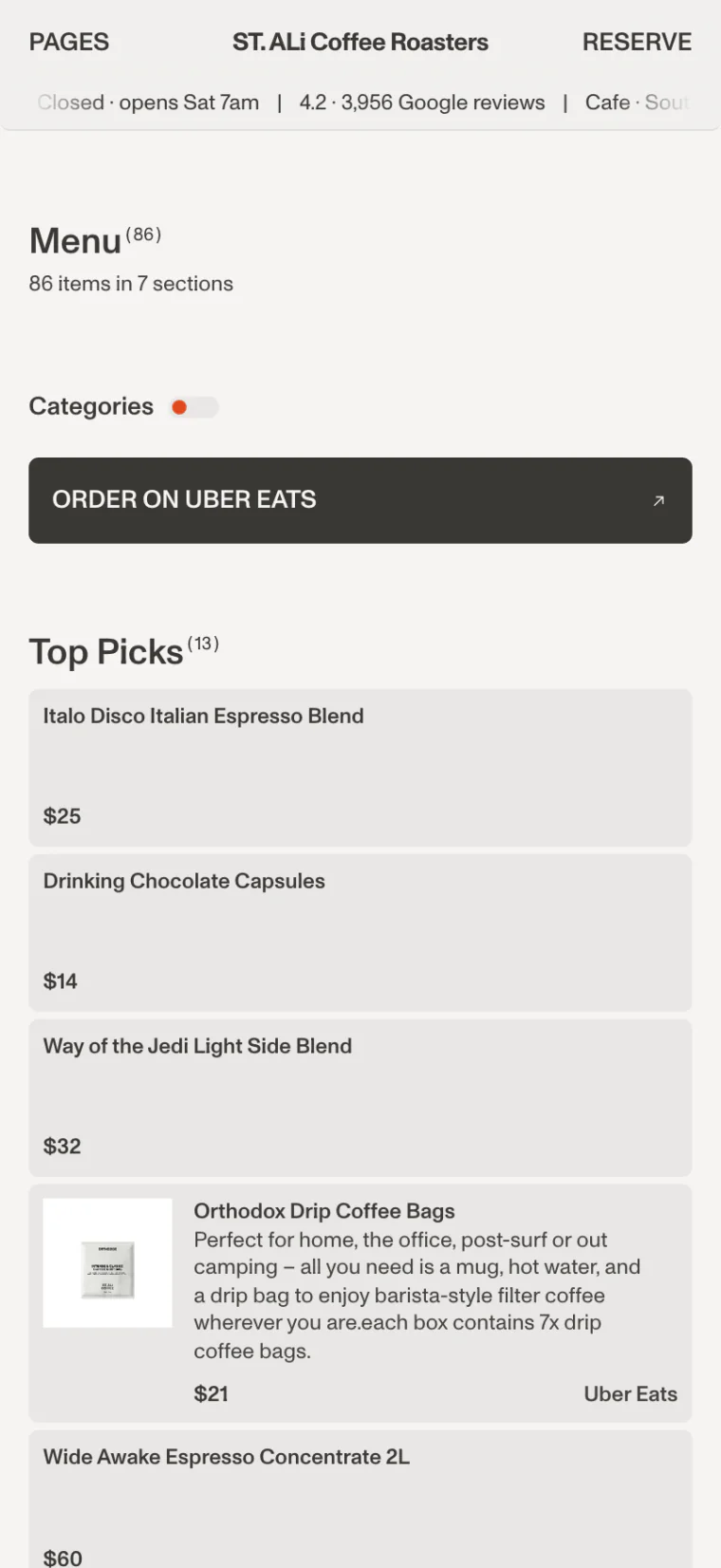 A cafe's Milkcrate site: its Menu page of items with prices