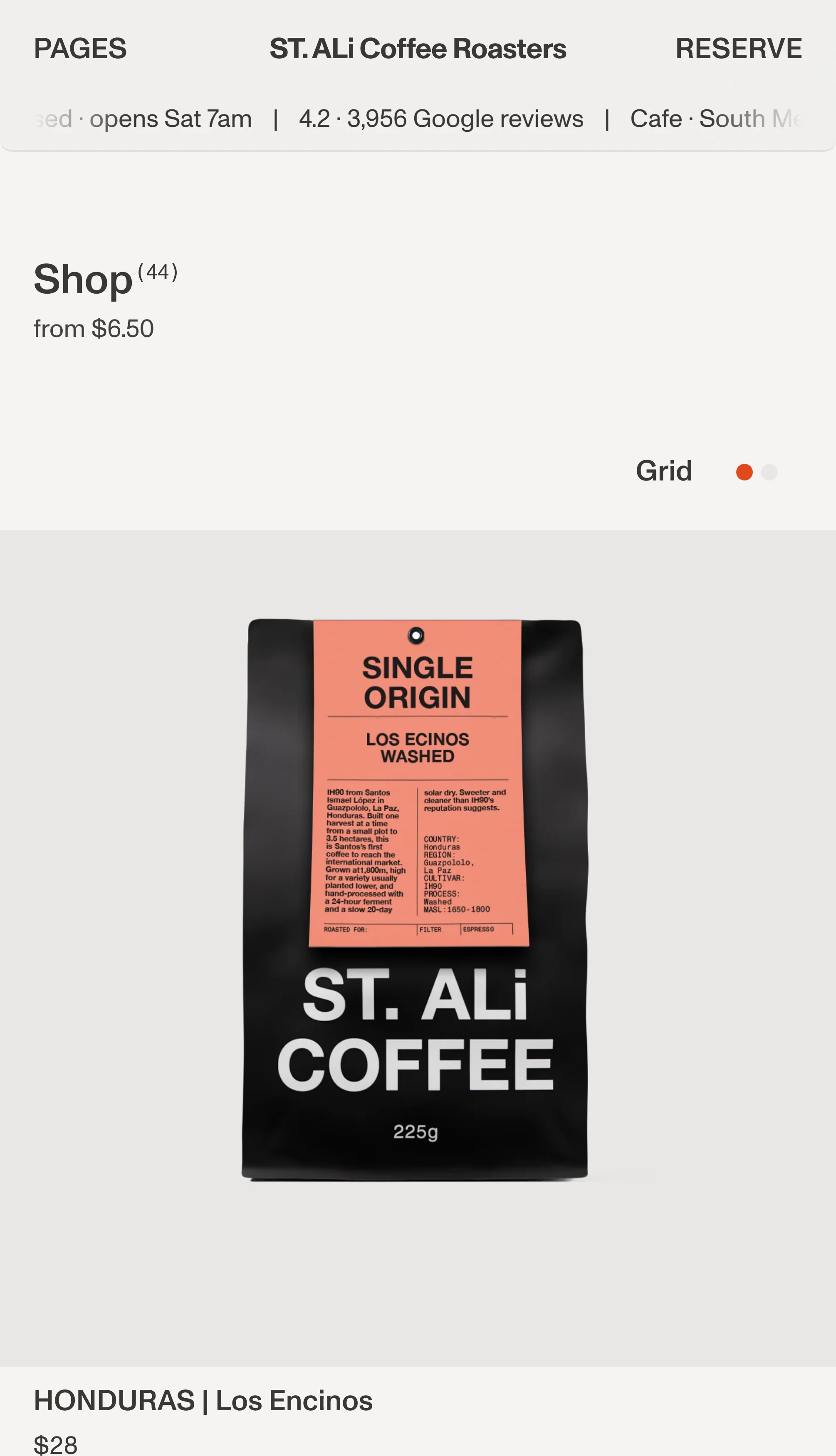 A cafe's Milkcrate site: its Shop page with a coffee bag above its price